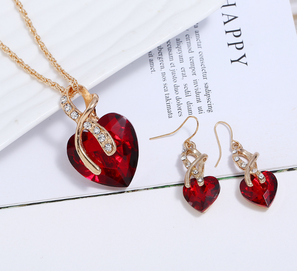 European and American fashion banquet ornaments Two-piece set of peach heart crystal diamonds Big red heart-shaped earrings necklace set