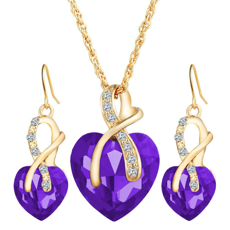 European and American fashion banquet ornaments Two-piece set of peach heart crystal diamonds Big red heart-shaped earrings necklace set
