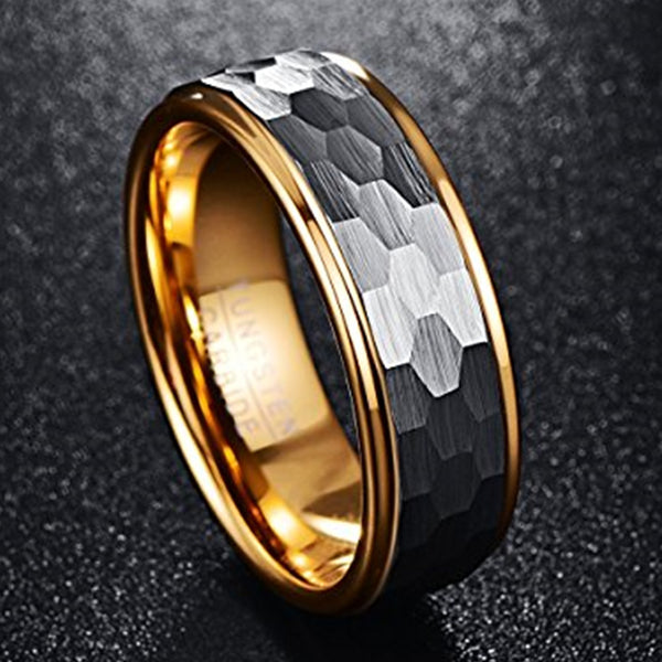 8MM Wide Silver Gray Frosted Hexagonal Gold-plated Inner Ring Tungsten Ring