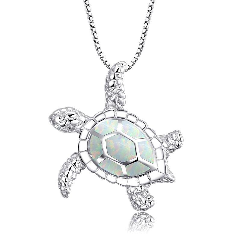 Fashion silver filled blue opal sea turtle pendant necklace for women female Animal wedding ocean beach jewelry gift