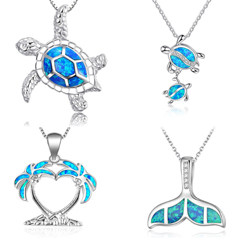 Fashion silver filled blue opal sea turtle pendant necklace for women female Animal wedding ocean beach jewelry gift