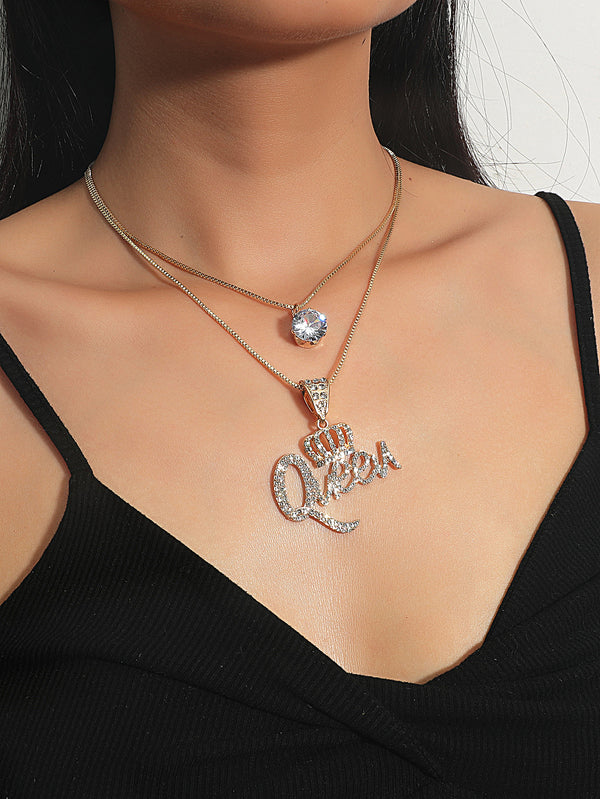 Crowned Queen Rhinestone Pendant Necklace